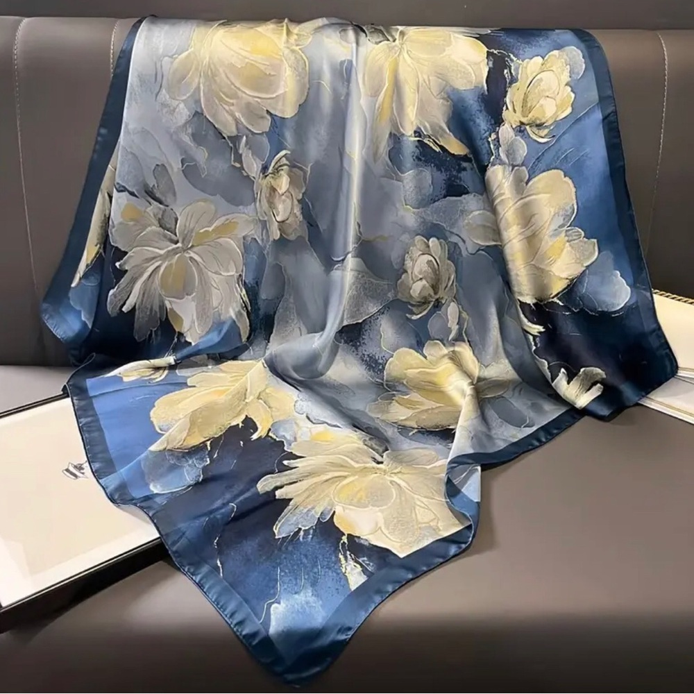 One in stock Large Square Scarf High End Soft Floral Blue 35” x 35” - Picture 3 of 6